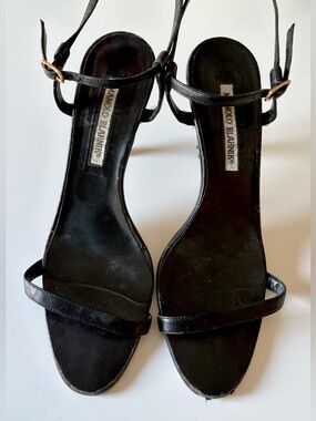 Manolo Blahnik Black Leather Minimalist Thin Strap Sandals Heels EUR 40 US 9.5 M
